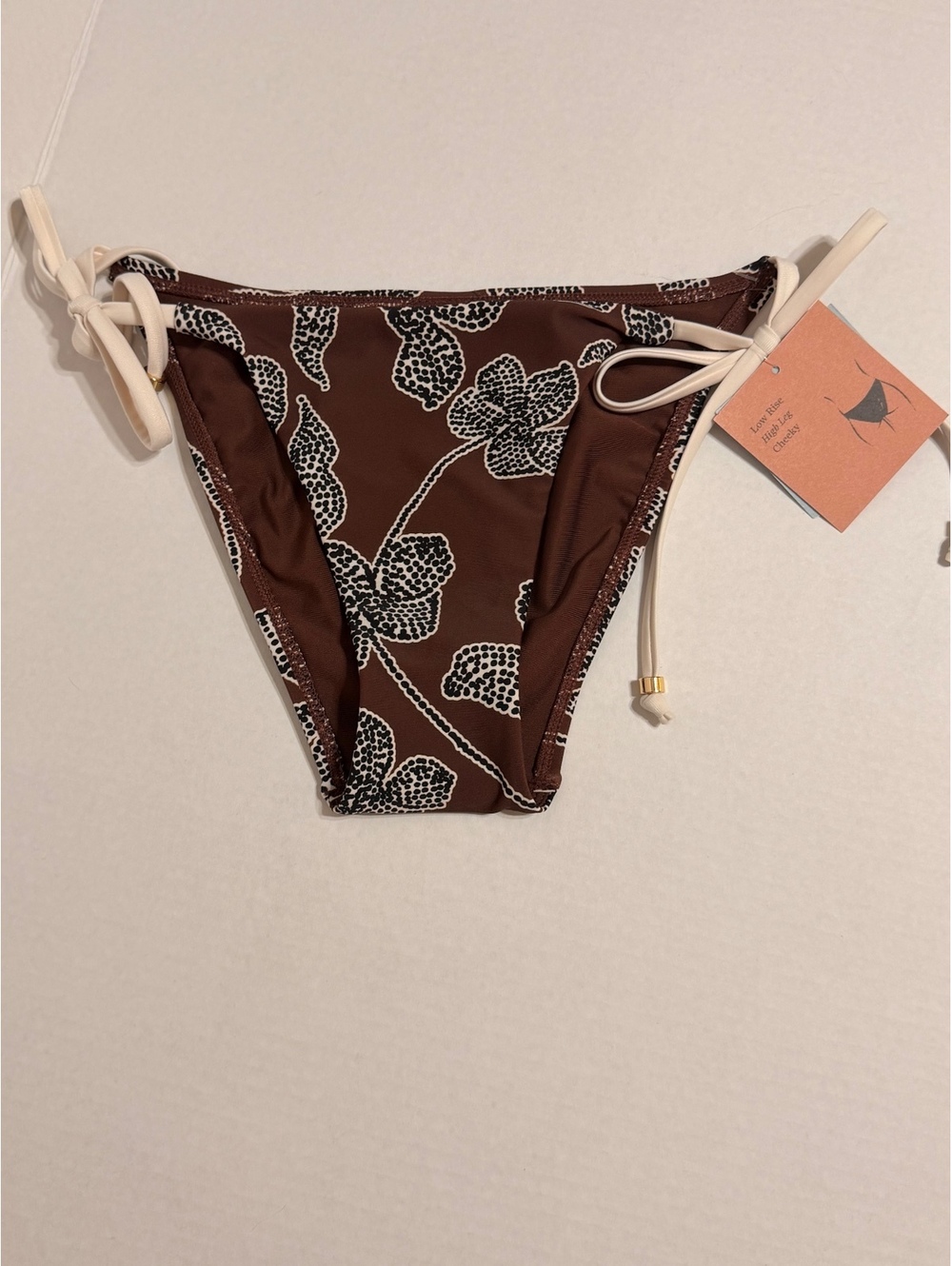 Shade & Shore M Brown Floral Low Rise High Leg Cheeky Tie Side Bikini Bottom NWT